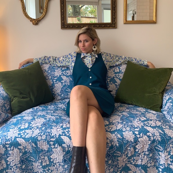 ๐ฌ๐ง Vintage 60s 70s Pinafore Mini Dress Teal Blue Green Mod Gogo Girl Twiggy 6 - Picture 1 of 11